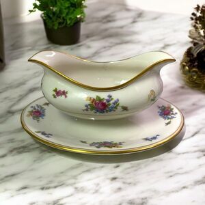 VTG Lamberton Ivory China Rose of Lamberton Gravy Boat w/Attached Underplate